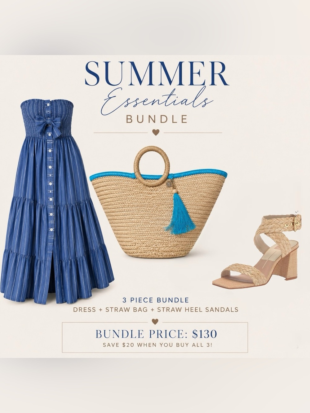 Woven Straw Tote with Blue Trim & Tassel bundle